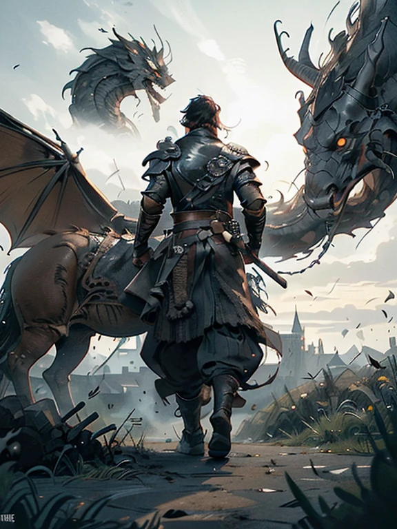  Cartoon style pictures ，(Europe)，man,midnight，Overall black tone， Characters take up one fifth，Create dystopian masterpieces, Game of Thrones movie scenes, The whole character is dressed in Game of Thrones style, Rugged full body metal armor， The background is the medieval manor farmland，river，torch，horse，Dragon flying in the sky，A group of farmers，field，farming，(helmet，Face covering，In the shadows，Faceless，健壮的man, strong, shabby),dynamic poses， ((Turn your back to the camera，look into the distance，not looking at camera)), Photos taken from a distance, 