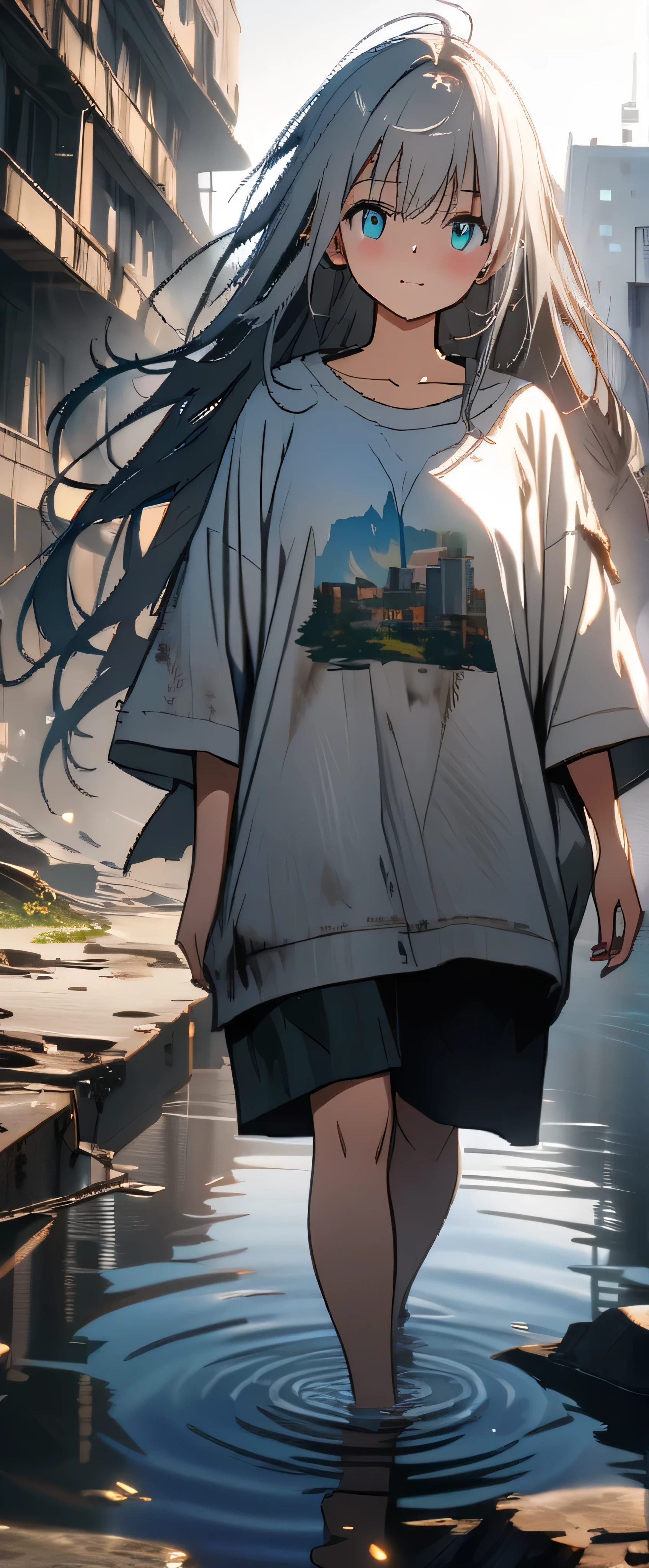 ((Masterpiece. 4K. Extremely detailed cg. Full HD. Super detailed. Best quality. Girl looking viewer. Pretty face girl. anime girl walking on water, beautiful girl. Long hair. Silver hair. Beautiful Aqua eyes. White T - shirt oversized.)) beautiful anime scene, post apocalypse  city. overgrowth, walking on top of a tiny city, beautiful anime scenery, post apocalyptic, octane render, hd anime cityscape