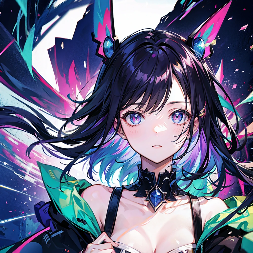 masterpiece、highest quality、super detailed、official art、beautiful beautiful、1 girl、glitch art:1.5、Colorful:1.5