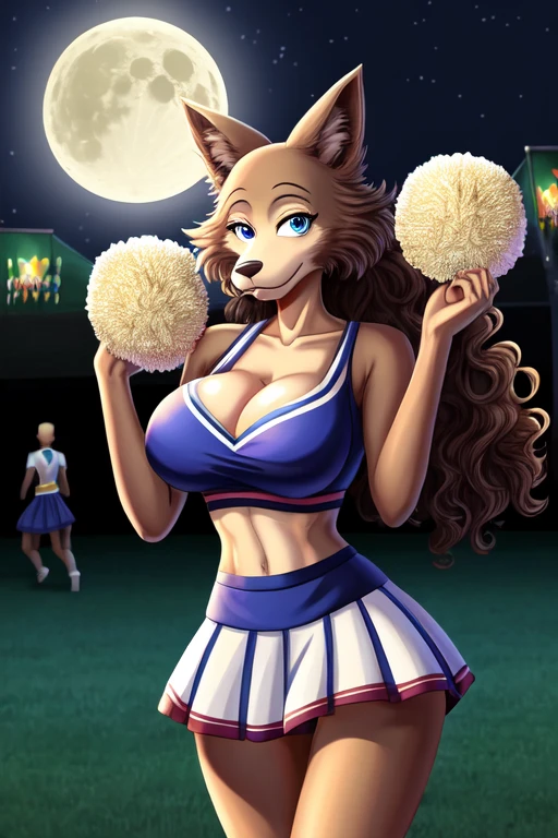 Beastars art style, beastars, Juno, brown wolf, she Wolf, 1girl, furry, long curly brown fur, slim figure, blue eyes, wide hips, Big breasts, bouncing breasts, cheerleader outfit, cleavage, night time, festival, moon