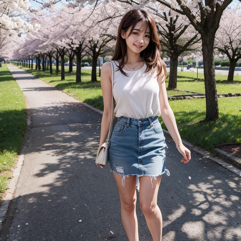 "High resolution, young woman in casual spring outfit, standing full body under blooming cherry trees, gentle smile, petals falling"