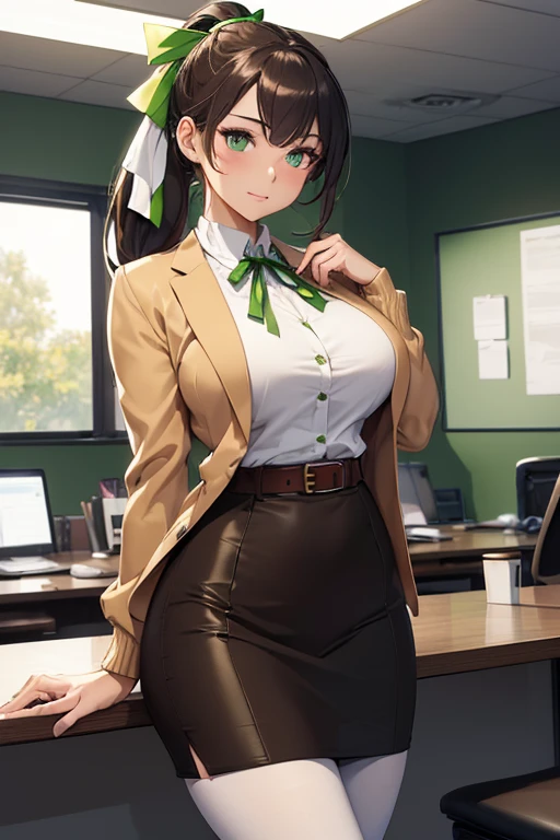 ((masterpiece)), (best quality:1.7), (detailed:1.4), (high res:1.4), 8k, (colorful:1.5), high resolution, sharped image, 4k, hd, (beautiful detailed background:1.2), (beautiful lighting:1.2), (highly detailed:1.2), perfect lighting, (8k wallpaper:1.2), (highly detailed:1.2), (extremely detailed CG:1.2), ((((only brunette very long hair ponytail with a green ribbon)))), (((large chest))), (((busty))), curvy figure, (((light green eyes))), (office lady outfit), (tan jacket and snug white sweater and brown pencil skirt with belt and black stocking leggings), mature, older, human adult, short, fullbody