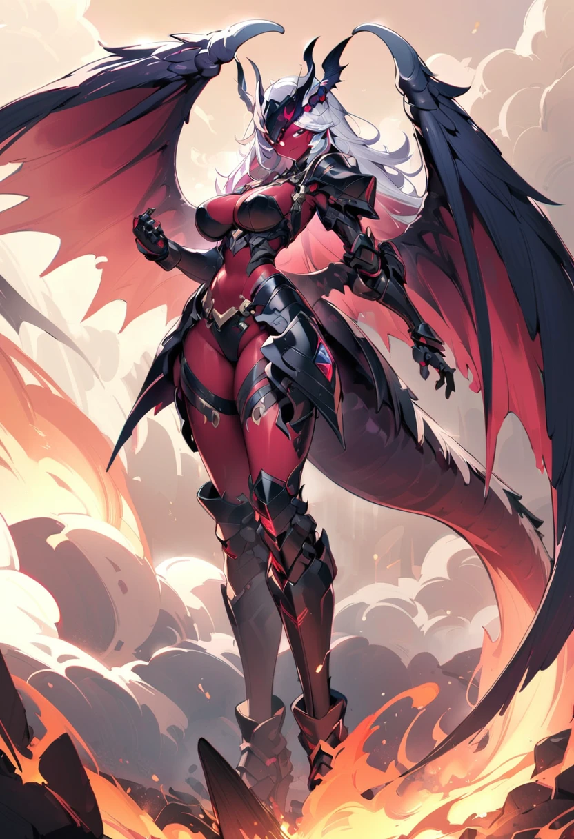 8k_wallpaper, extremely detailed eyes, extremely detailed body, (large masterpiece digital art), (detailed manga illustration), (detailed line art), ((perfect anatomy)), (intricate details:1.3), (ultra-detailed:1.3), (illustration:1.3), (sharp focus:1.3), (natural lighting:1.05), (vivid colors:1.3), (masterpiece), (best quality:1.4), (perfect anatomy:1.4), high quality, expressive eyes, full body, detailed face, beautiful face, perfect face, 1girl, (red skin), black sclera, smile, colored sclera, breasts, solo, monster girl, white hair, demon, wings, tail, boots, thighhighs, eyes, glowing, burning, explosionmagic, smoke, excessive energy, full armor, (armor), helmet, heavy armor, halberd