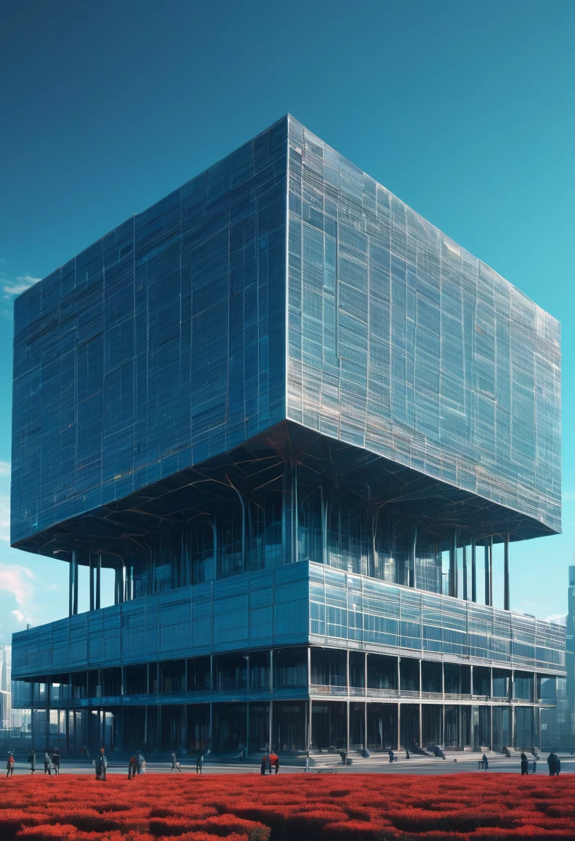 (best quality,,highres,masterpiece:1.2), magical view of a large building with a giant square structure in the middle, realism | beeple, beeple daily art, alien architecture, futuristic architectural art, beeple. hyperrealism, beeple |, beeple!!, by Beeple, beeple style, beeple masterpiece, inspired by starry night,