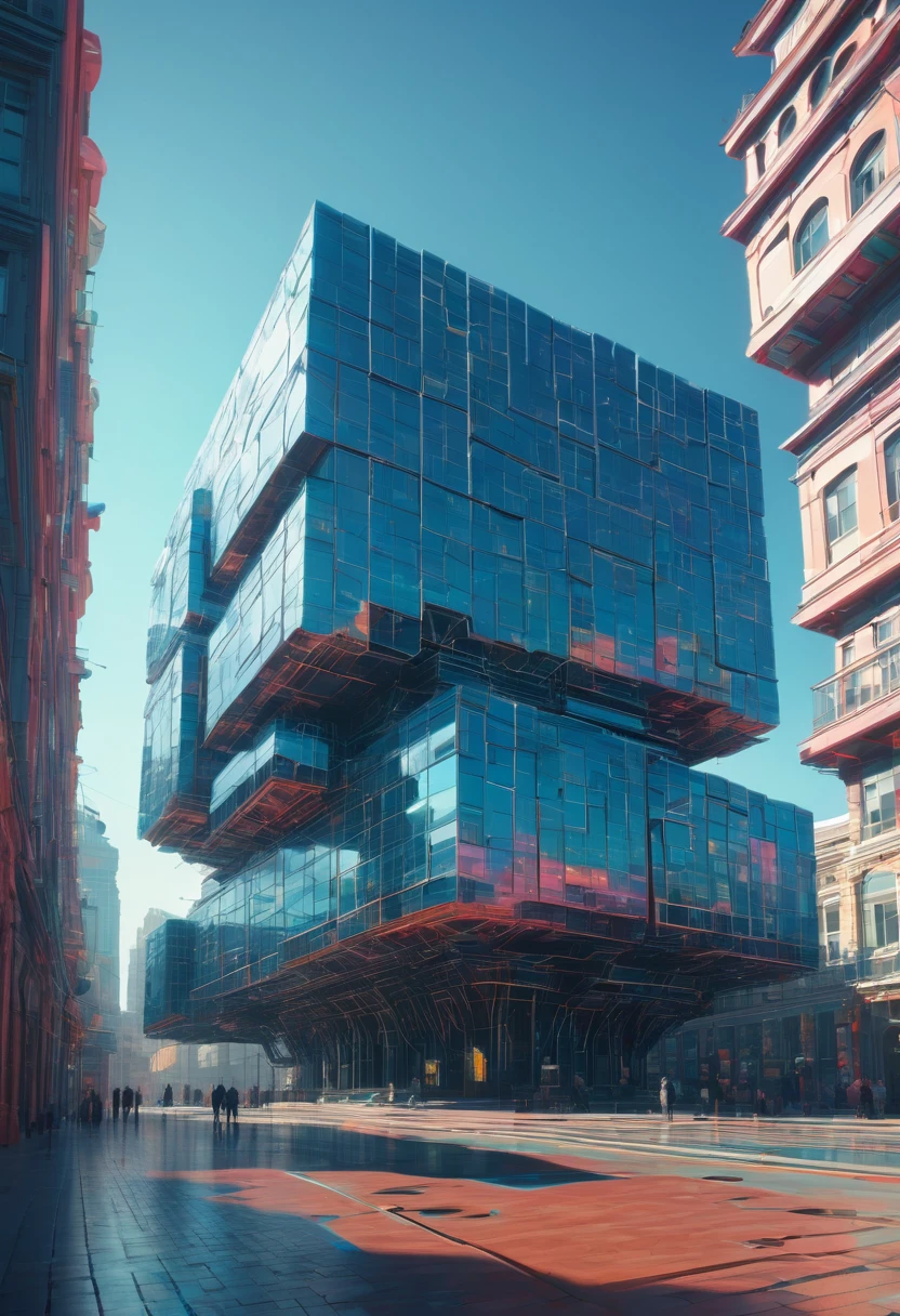 (best quality,,highres,masterpiece:1.2), magical view of a large building with a giant square structure in the middle, realism | beeple, beeple daily art, alien architecture, futuristic architectural art, beeple. hyperrealism, beeple |, beeple!!, by Beeple, beeple style, beeple masterpiece, inspired by starry night,