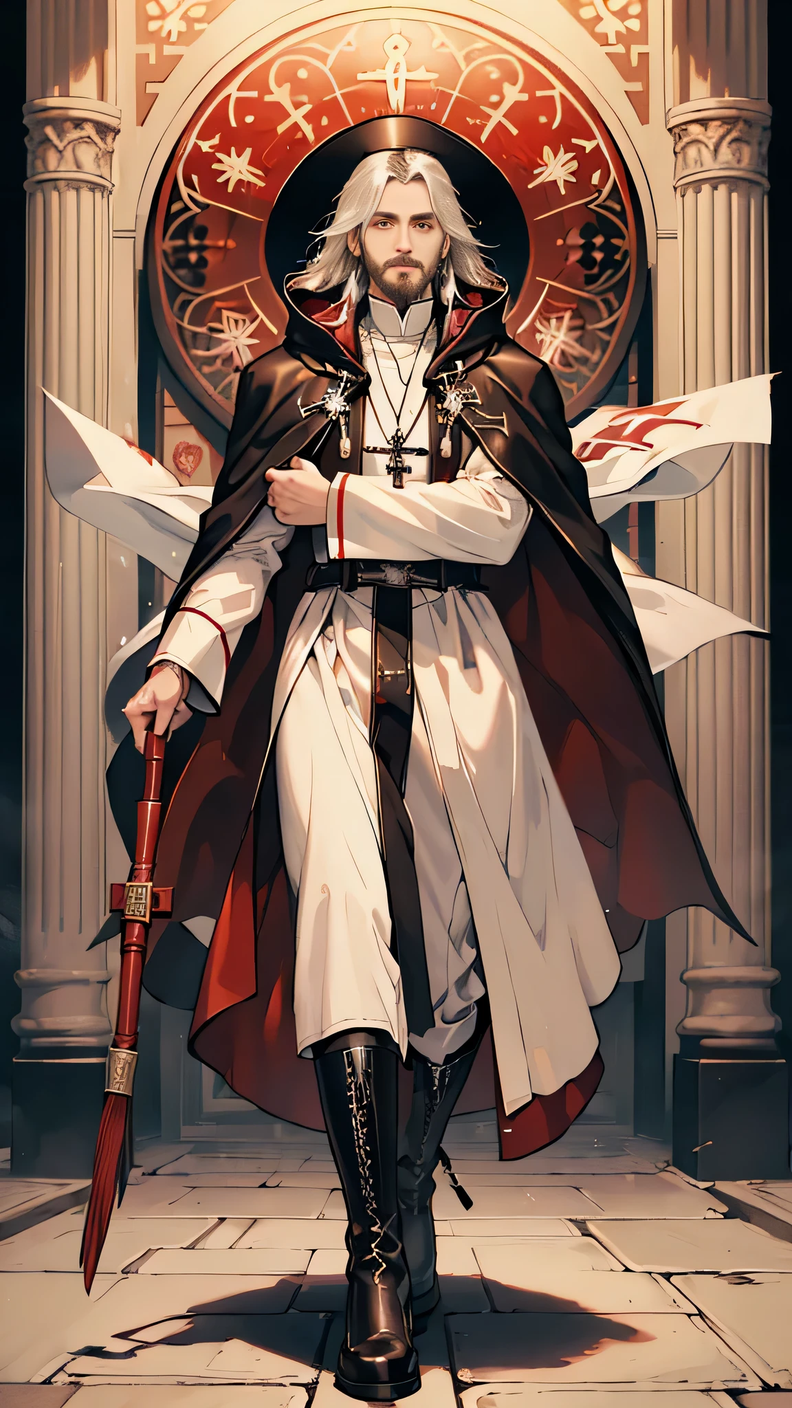 (((((male))))), masterpiece, ultra detailed, 8K Portrait, Raw photo, man's portrait photography, full body, Highly detailed face, ((Fantasy)), 83 years old, 1 man, white long wavy hair, beard, ((Priest)), wood necklace, clergy hat, (((long cloak))) fluttering in the wind, (((dark dull red long Priest robe))), (leather pants), (((low boots))), ((holding long wood staff)), in the crowd church, Ambient lighting, Shadow details , Camera focus on face, strong breeze, Light fog