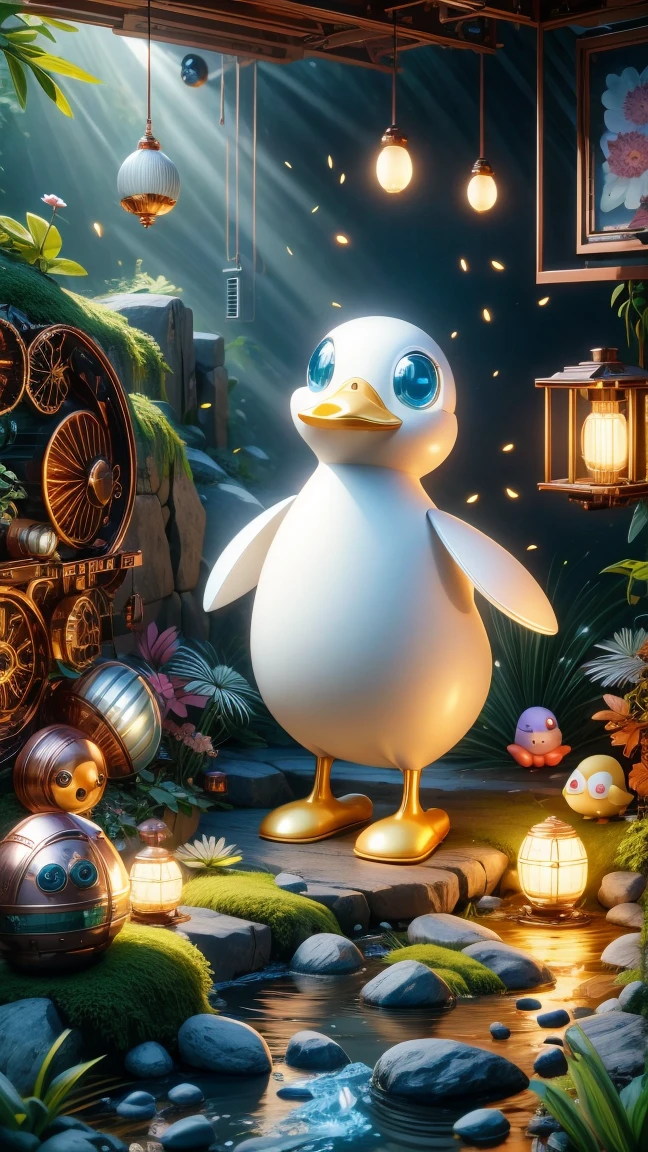 Pixar style, (Blind box toy style:1.2), Cute mechanical duck wearing clothes，透明发Light，霓虹灯Light，High precision mechanical parts，Its body is made of high-quality copper and silver.，眼睛像两颗发Light的宝石，Clean, White background, (global illumination, Light线追踪, high dynamic range, Unreal rendering, Reasonable design, high detail, masterpiece, best quality, ultra high definition, Light)，chibi, 3d