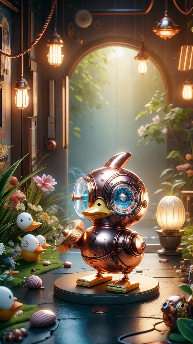 Pixar style, (Blind box toy style:1.2), Cute mechanical duck wearing clothes，透明发Light，霓虹灯Light，High precision mechanical parts，Its body is made of high-quality copper and silver.，眼睛像两颗发Light的宝石，Clean, White background, (global illumination, Light线追踪, high dynamic range, Unreal rendering, Reasonable design, high detail, masterpiece, best quality, ultra high definition, Light)，chibi, 3d