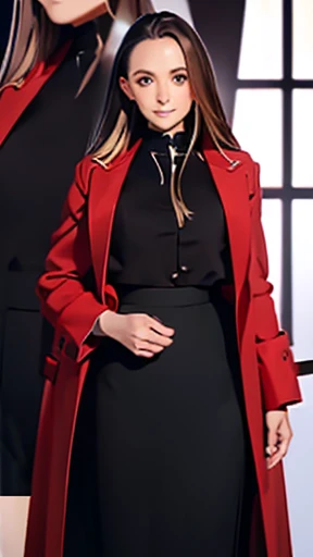 highest quality、realistic、Japanese、girl、zoom、look up、cute、gray eyes、long hair、brown hair、all back、Forehead is coming out、red long coat、black bustier、Black culotte skirt、face close up