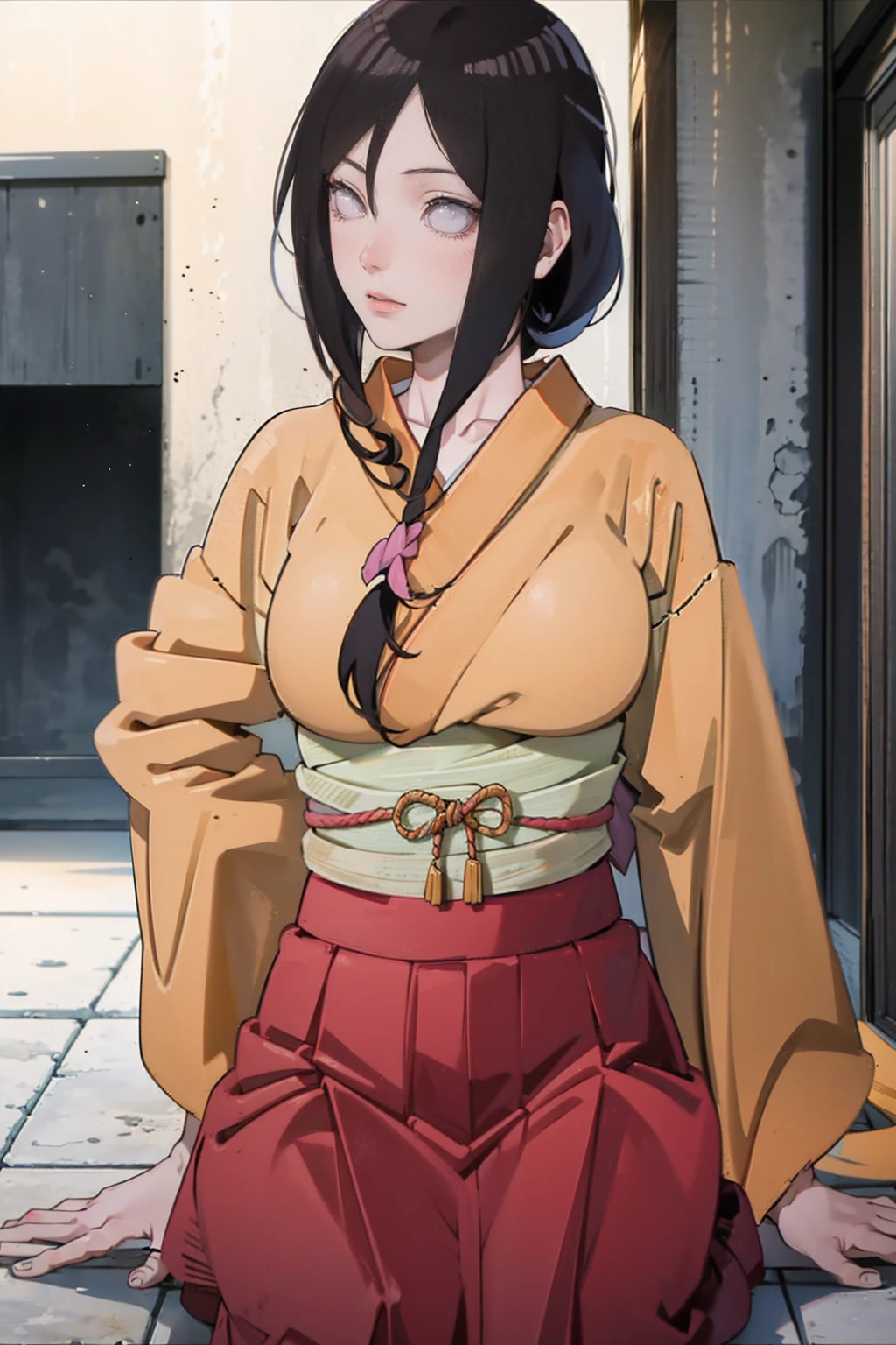 tmasterpiece, hoang lap , (Complicated details), (rich colourful), movie lighting, bust, the Extremely Detailed CG Unity 8K Wallpapers , Hinata flower ratio, 1girll, solo, orange kimono, Red hakama skirt, obi strip, Wide sleeves, looking at viewert, ventania, Combat posture, Low hair tied long,dinamic poses, lilac eyes, sitting oh the floor