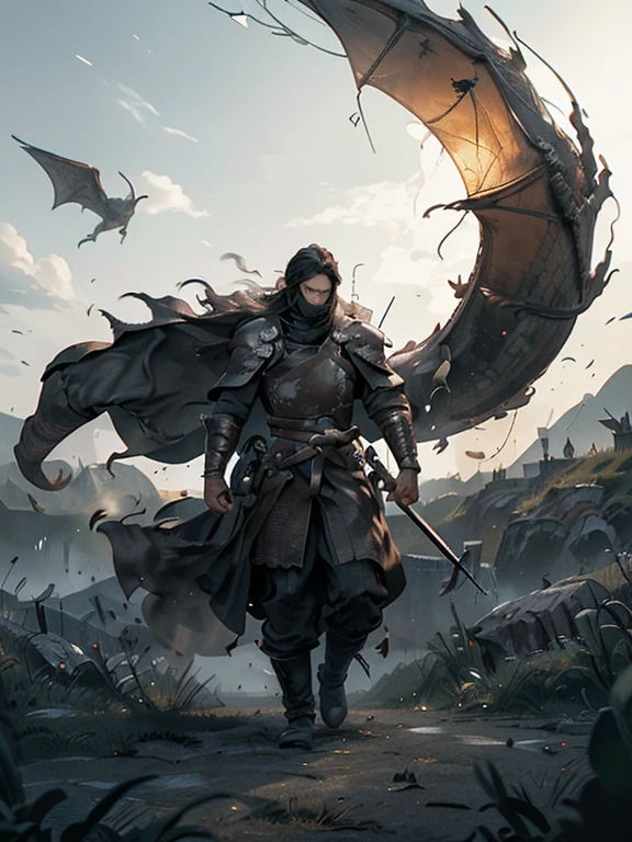 Cartoon style pictures ,(Europe),man,midnight,Overall black tone, Characters take up one fifth,Create dystopian masterpieces, Game of Thrones movie scenes, The whole character is dressed in Game of Thrones style, Rugged full body metal armor, The background is the medieval manor farmland,river,torch,horse,Dragon flying in the sky,A group of farmers,field,farming,(helmet,Face covering,In the shadows,Faceless,健壮的man, strong, shabby),dynamic poses, ((Turn your back to the camera,look into the distance,not looking at camera)), Photos taken from a distance,