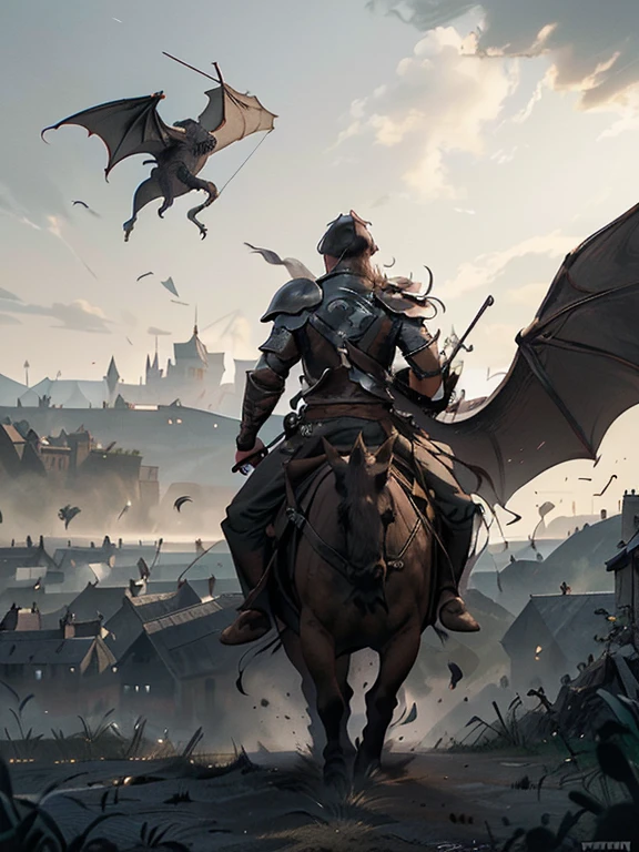 Cartoon style pictures ,(Europe),man,midnight,Overall black tone, Characters take up one fifth,Create dystopian masterpieces, Game of Thrones movie scenes, The whole character is dressed in Game of Thrones style, Rugged full body metal armor, The background is the medieval manor farmland,river,torch,horse,Dragon flying in the sky,A group of farmers,field,farming,(helmet,Face covering,In the shadows,Faceless,健壮的man, strong, shabby),dynamic poses, ((Turn your back to the camera,look into the distance,not looking at camera)), Photos taken from a distance,