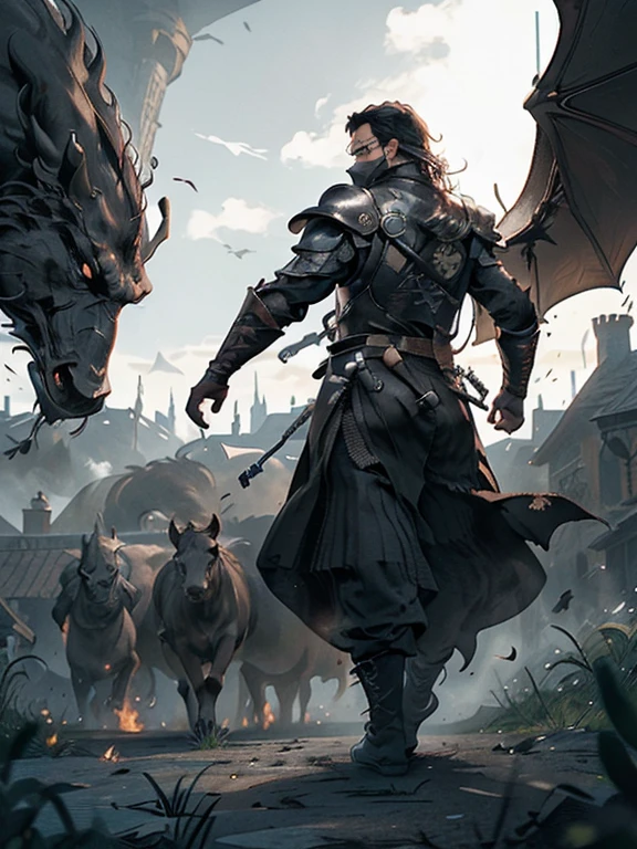  Cartoon style pictures ，(Europe)，man,midnight，Overall black tone， Characters take up one fifth，Create dystopian masterpieces, Game of Thrones movie scenes, The whole character is dressed in Game of Thrones style, Rugged full body metal armor， The background is the medieval manor farmland，river，torch，horse，Dragon flying in the sky，A group of farmers，field，farming，(helmet，Face covering，In the shadows，Faceless，健壮的man, strong, shabby),dynamic poses， ((Turn your back to the camera，look into the distance，not looking at camera)), Photos taken from a distance, 