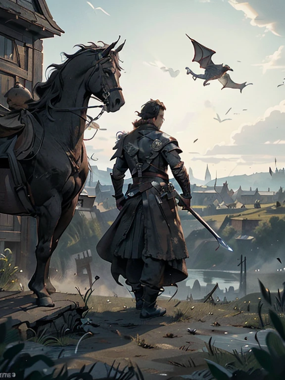  Cartoon style pictures ，(Europe)，man,midnight，Overall black tone， Characters take up one fifth，Create dystopian masterpieces, Game of Thrones movie scenes, The whole character is dressed in Game of Thrones style, Rugged full body metal armor， The background is the medieval manor farmland，river，torch，horse，Dragon flying in the sky，A group of farmers，field，farming，(helmet，Face covering，In the shadows，Faceless，健壮的man, strong, shabby),dynamic poses， ((Turn your back to the camera，look into the distance，not looking at camera)), Photos taken from a distance, 