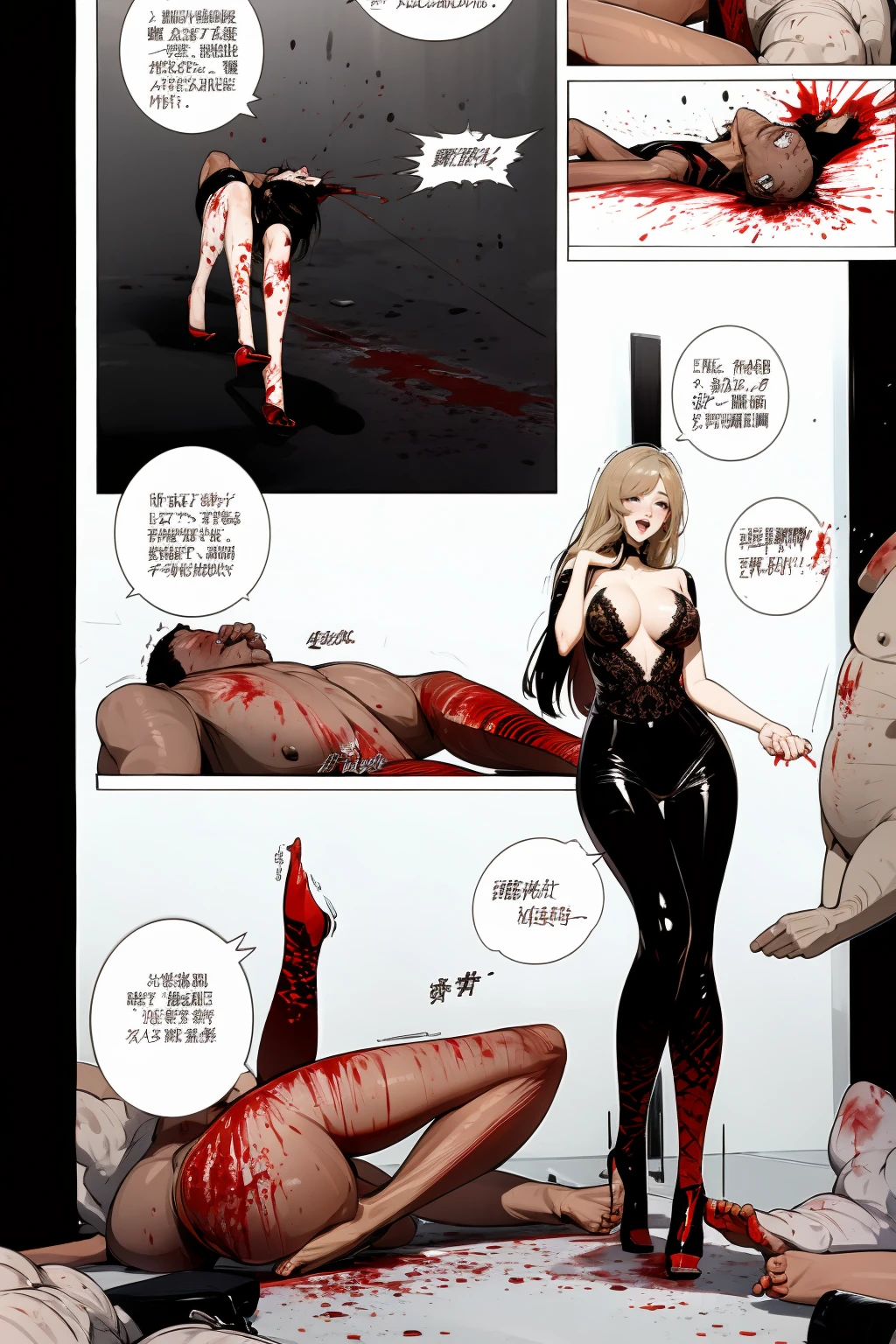 comic storyboard,realistic,3d,Unreal Engine 5,skin texture,anatomically correct,1beautiful girl, long hair,smile,barefoot,lace top,sexy, shiny leggings, thin gap,camel toe,high heels,cleavage,crossed legs,large breasts,leg tattoo,long hair,smile,toenails,) standing,trample,cuts,defloration,indoor,couple,femdom,hetero,saliva , mucus,femdom,blood on clothes,blood on hands,blood splatter,open mouth,kneeling man,sit,trembling man,dead man,sit,bruise man,lying man,man cum,bleeding man,(masterpiece, best quality:1.2)