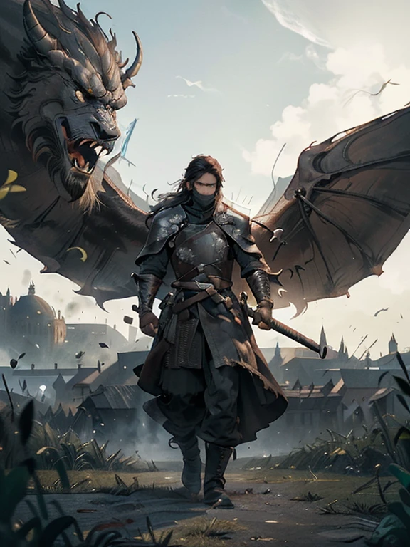 Cartoon style pictures ,(Europe),man,midnight,Overall black tone, Characters take up one fifth,Create dystopian masterpieces, Game of Thrones movie scenes, The whole character is dressed in Game of Thrones style, Rugged full body metal armor, The background is the medieval manor farmland,river,torch,horse,Dragon flying in the sky,A group of farmers,field,farming,(helmet,Face covering,In the shadows,Faceless,健壮的man, strong, shabby),dynamic poses, ((Turn your back to the camera,look into the distance,not looking at camera)), Photos taken from a distance,