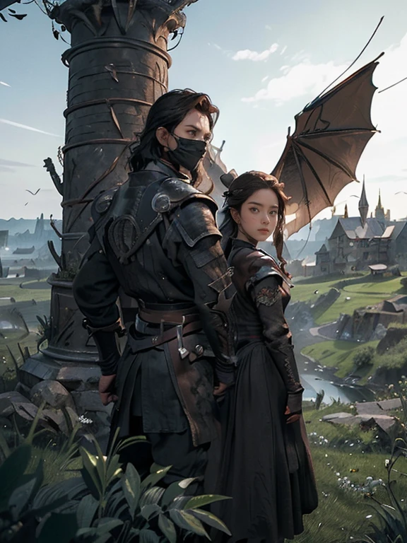  Cartoon style pictures ，(Europe)，man,midnight，Overall black tone， Characters take up one fifth，Create dystopian masterpieces, Game of Thrones movie scenes, The whole character is dressed in Game of Thrones style, Rugged full body metal armor， The background is the medieval manor farmland，river，torch，horse，Dragon flying in the sky，A group of farmers，field，farming，(helmet，Face covering，In the shadows，Faceless，健壮的man, strong, shabby),dynamic poses， ((Turn your back to the camera，look into the distance，not looking at camera)), Photos taken from a distance, 