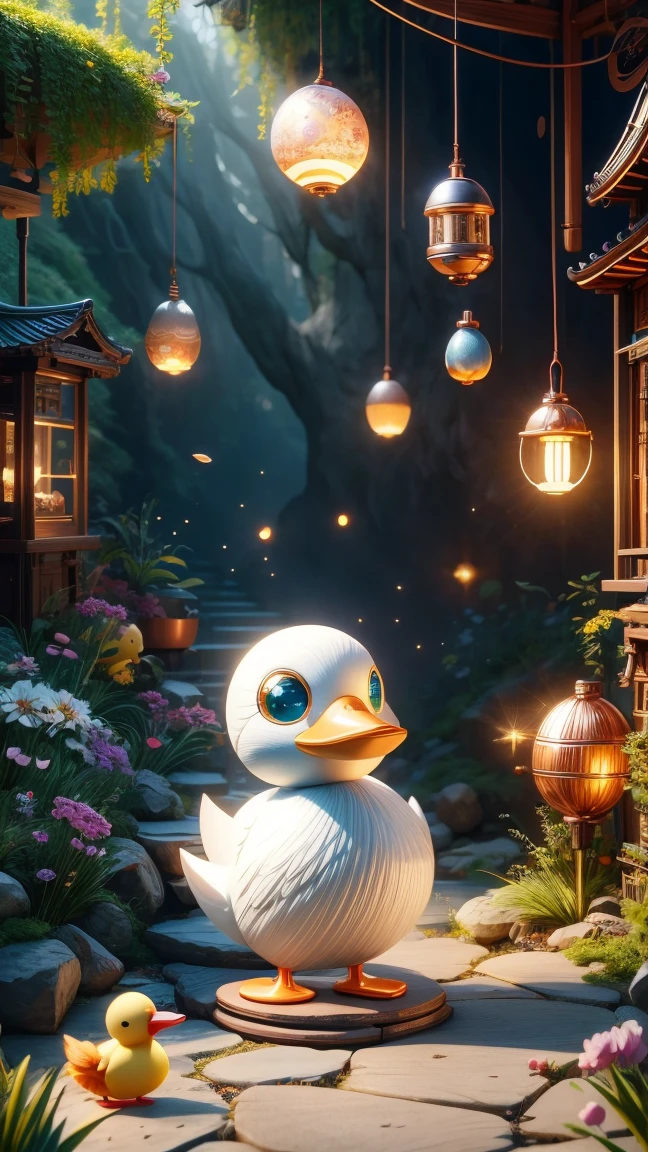 Pixar style, (Blind box toy style:1.2), Cute mechanical duck wearing clothes，透明发Light，霓虹灯Light，High precision mechanical parts，Its body is made of high-quality copper and silver.，眼睛像两颗发Light的宝石，Clean, White background, (global illumination, Light线追踪, high dynamic range, Unreal rendering, Reasonable design, high detail, masterpiece, best quality, ultra high definition, Light)，chibi, 3d