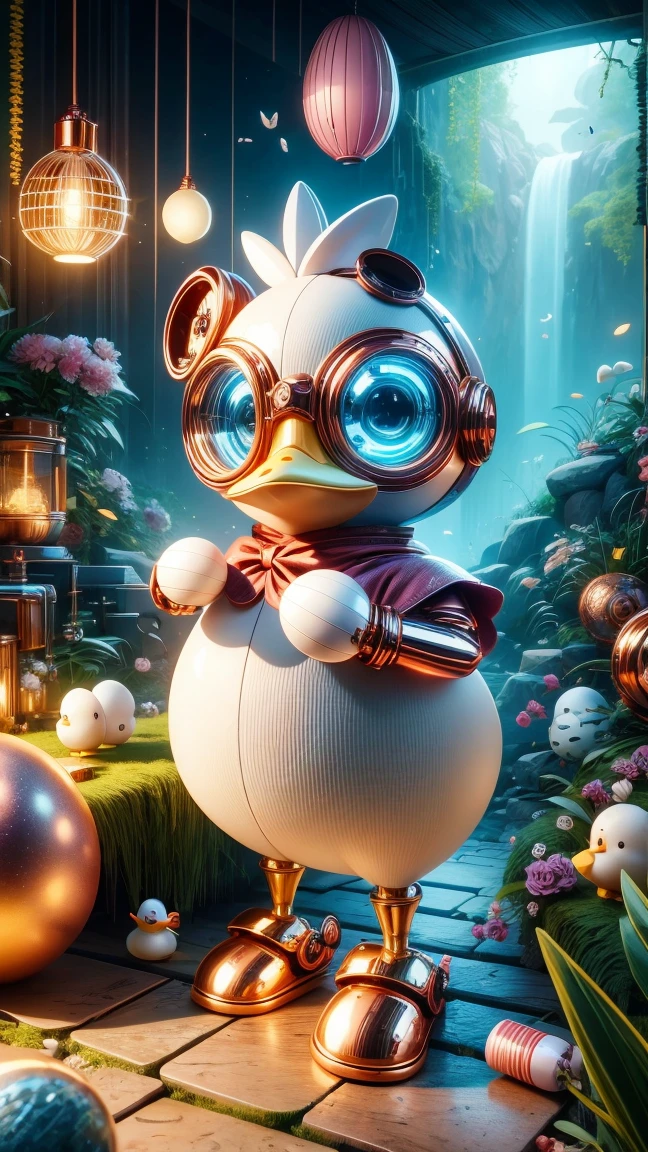 Pixar style, (Blind box toy style:1.2), Cute mechanical duck wearing clothes，透明发Light，霓虹灯Light，High precision mechanical parts，Its body is made of high-quality copper and silver.，眼睛像两颗发Light的宝石，Clean, White background, (global illumination, Light线追踪, high dynamic range, Unreal rendering, Reasonable design, high detail, masterpiece, best quality, ultra high definition, Light)，chibi, 3d