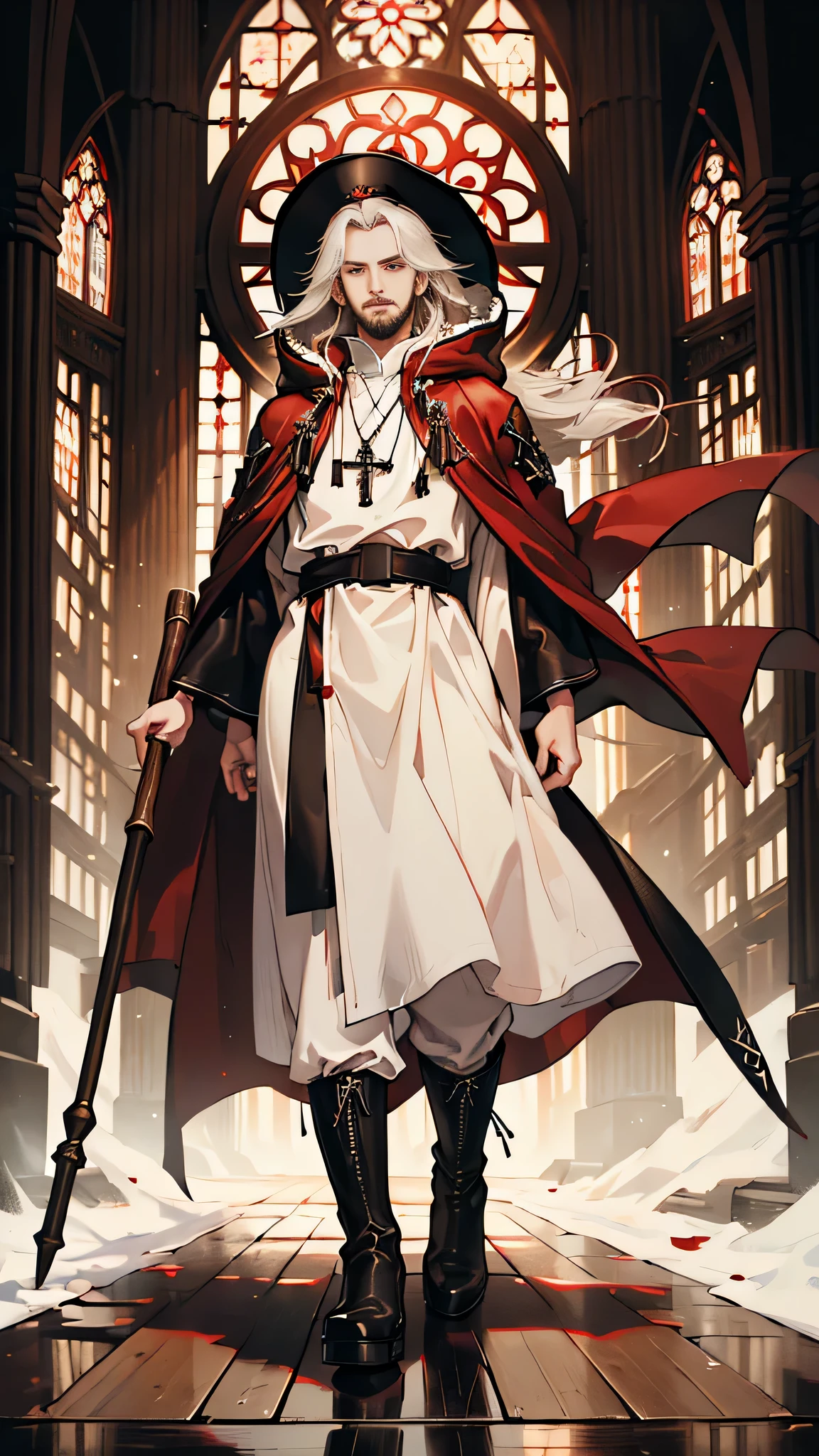 (((((male))))), masterpiece, ultra detailed, 8K Portrait, Raw photo, man's portrait photography, full body, Highly detailed face, ((Fantasy)), 83 years old, 1 man, white long wavy hair, beard, ((bishop)), wood necklace, clergy hat, (((long cloak))) fluttering in the wind, (((dark dull red long Priest robe))), (leather pants), (((low boots))), ((holding long wood staff)), in the crowd church, Ambient lighting, Shadow details , Camera focus on face, strong breeze, Light fog