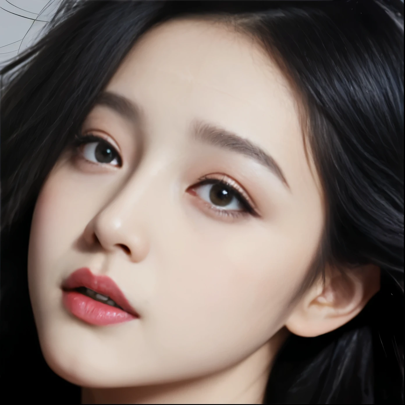 One has long black hair、Close up of woman wearing red lipstick, Portrait of Korean female idol, Korean popular makeup, Korean popular makeup, cute korean face, inspired by Yanjun Cheng, 年轻cute korean face, BLACKPINK Jisoo’s portrait, Korean facial features, Inspired by Shen Si Zheng, actual. cheng yi, beautiful aesthetic face