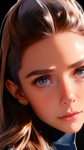 highest quality、realistic、Japanese、girl、zoom、look up、cute、gray eyes、long hair、brown hair、all back、Forehead is coming out、leotard、face close up