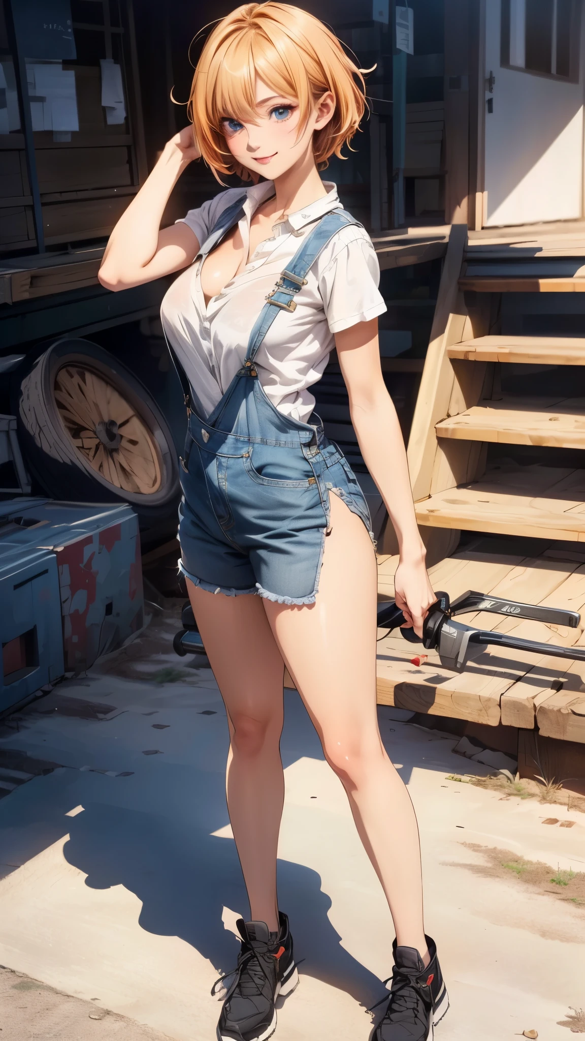 (3d anime woman with perfect anime eyes), (photo realistic:1.4), (Subsurface Scattering effect on skin:1.2), (bloom shader effect:1.2), (backlighted, full body shot: 1.5), (long stylized thick legs:1), (natural breasts:0.9), (gorgeous thick hips:1.1), (tanned skin:1.3), (26 years old woman construction worker, seductive smile), (orange straight short hair), ((wearing denim_overall)), (using tools), accurate, UHD, retina, masterpiece, anatomically correct, textured skin, ultra high detail, ultra high quality, award winning piece of art, ultra high resolution, better_hands, better_legs, perfect_hands, perfect_hands, better_eyes, beautiful_anime_eyes.
