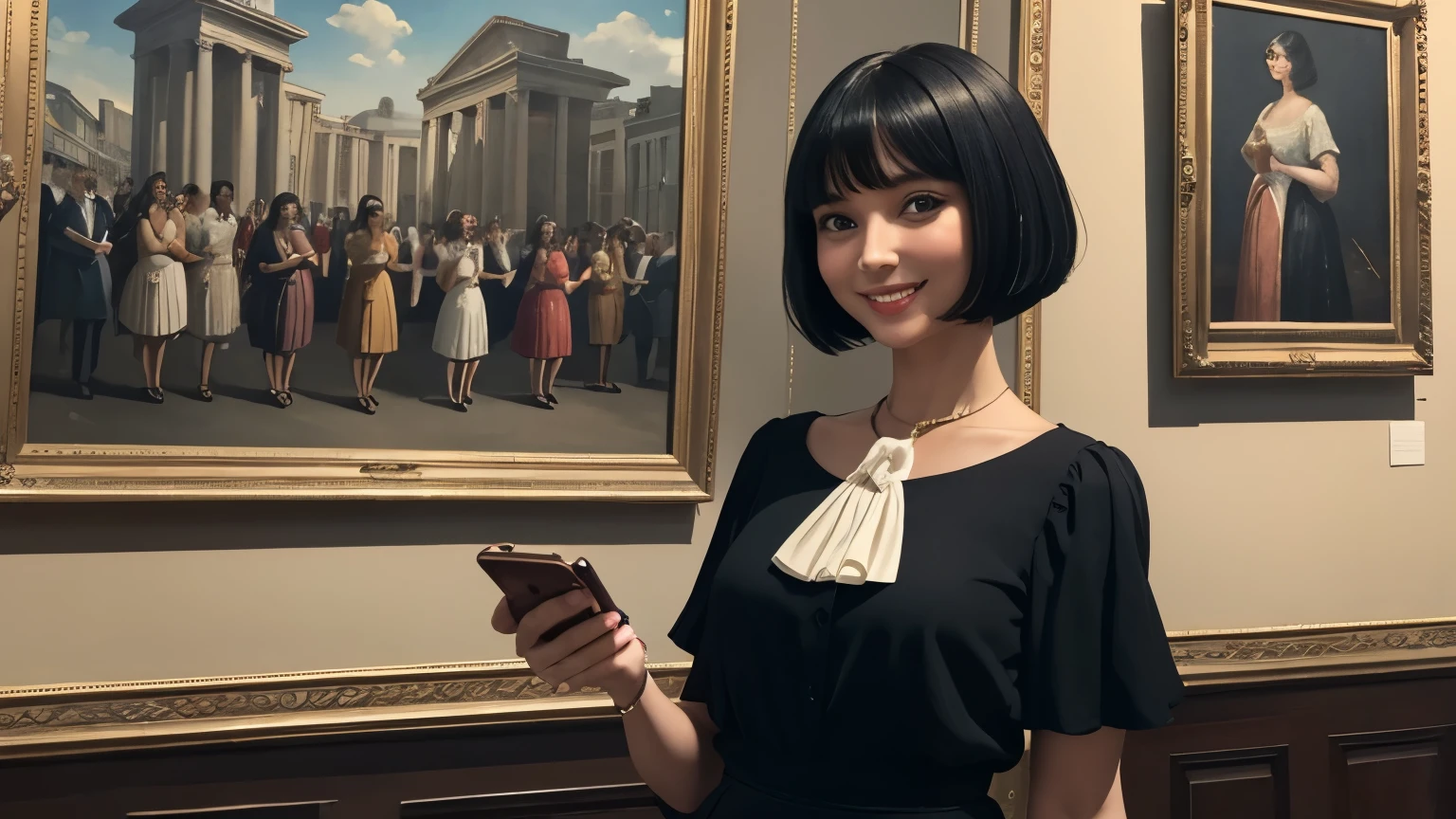 A Caucasian woman with a cheerful smile, sporting a black bob haircut, dressed in a short-sleeved, formal blouse paired with tailored trousers and high heels, small and discreet earrings complementing her small nose, is seen standing in front of a historical painting depicting a Roman scene of "bread and circuses," with the crowd being entertained and distracted. She's drawing parallels between the painting and her own phone, which displays social media apps, symbolizing the continuity of mass distraction through ages, but with tools evolving from physical entertainment to digital.