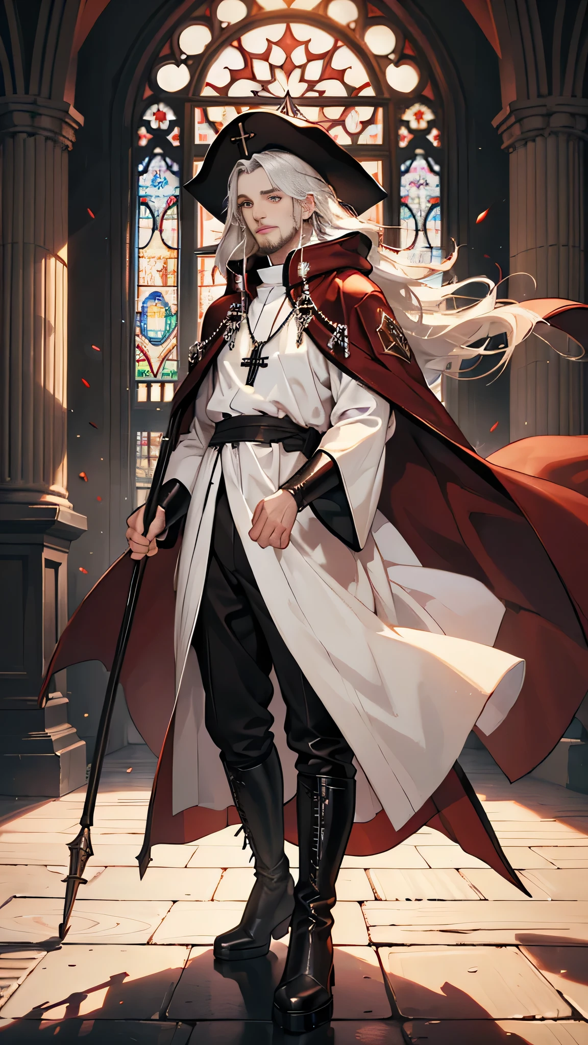 (((((male))))), masterpiece, ultra detailed, 8K Portrait, Raw photo, man's portrait photography, full body, Highly detailed face, ((Fantasy)), 83 years old, 1 man, white long wavy hair, beard, ((bishop)), wood necklace, clergy hat, (((long cloak))) fluttering in the wind, (((dark dull red long Priest robe))), (leather pants), (((low boots))), ((holding long wood staff)), in the crowd church, Ambient lighting, Shadow details , Camera focus on face, strong breeze, Light fog