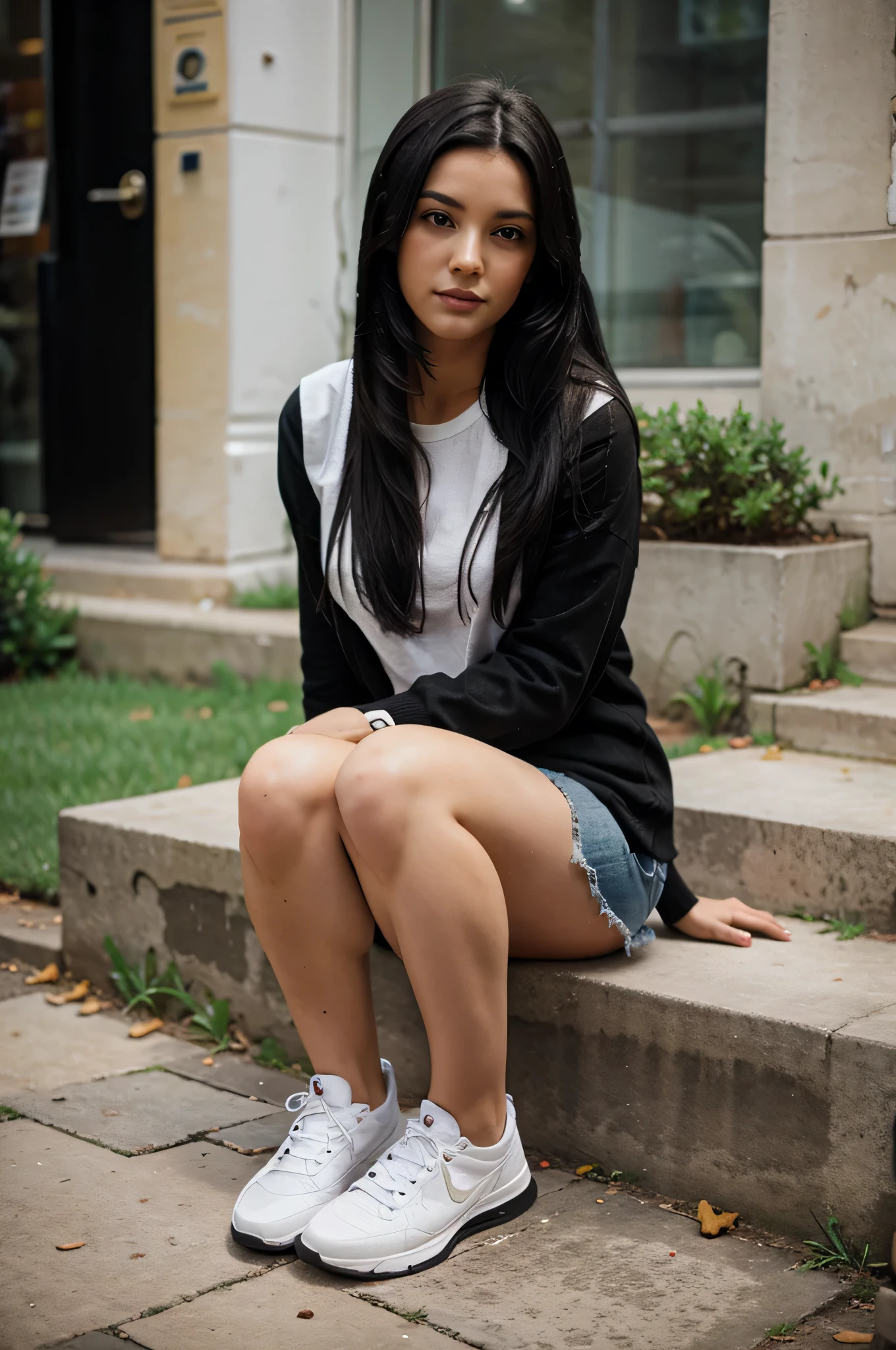 woman with long black hair sitting on the sidewalk