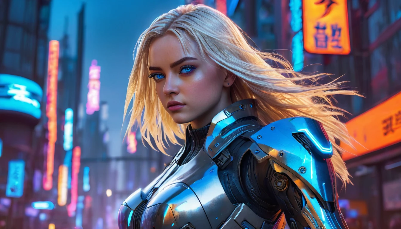 ((best quality)), ((masterpiece)), (detailed), perfect face, (best quality, highres, realistic), cyberpunk style, vibrant colors, dramatic lighting, 1girl, blue eyes, blond hair, long hair, flowing hair, futuristic armor, full body, fighting pose, standing, futuristic city background,