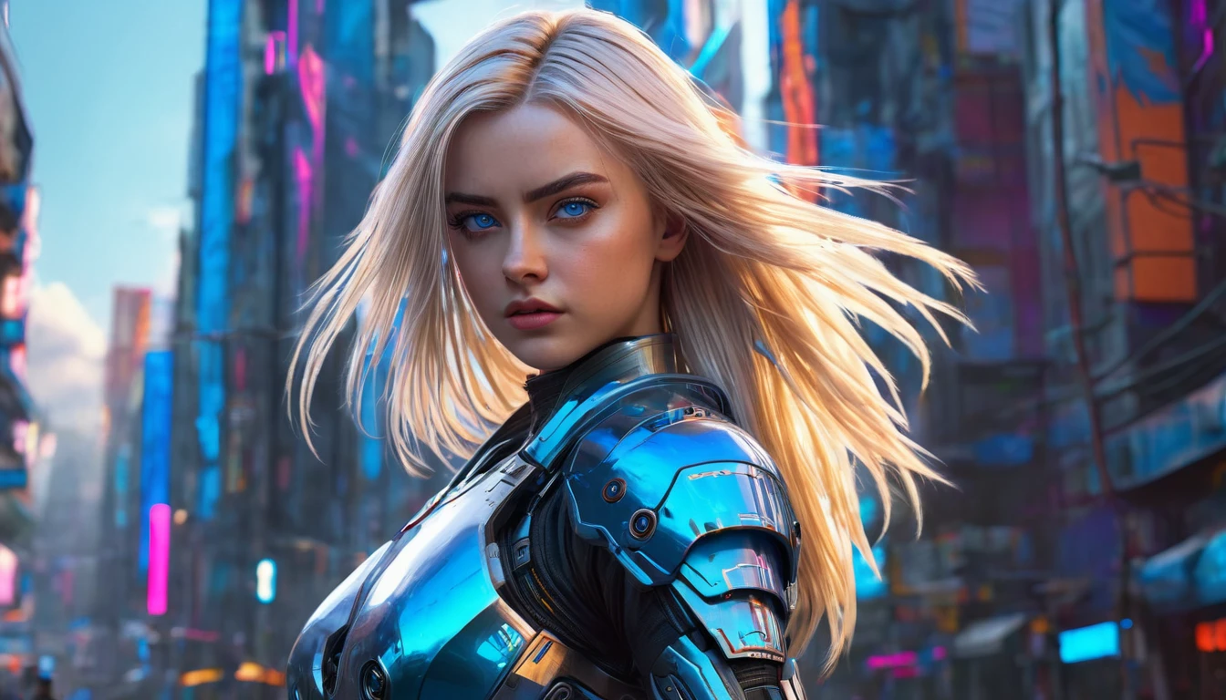 ((best quality)), ((masterpiece)), (detailed), perfect face, (best quality, highres, realistic), cyberpunk style, vibrant colors, dramatic lighting, 1girl, blue eyes, blond hair, long hair, flowing hair, futuristic armor, full body, fighting pose, standing, futuristic city background,