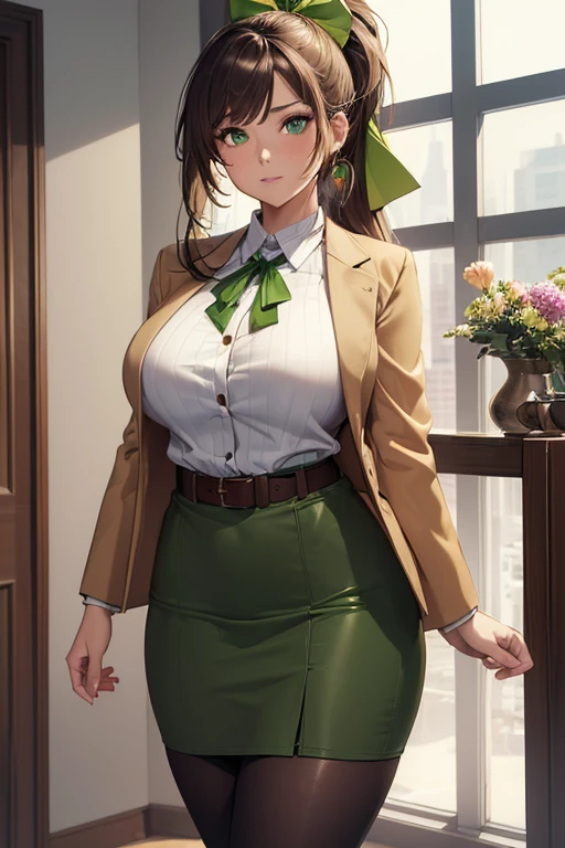 ((masterpiece)), (best quality:1.7), (detailed:1.4), (high res:1.4), 8k, (colorful:1.5), high resolution, sharped image, 4k, hd, (beautiful detailed background:1.2), (beautiful lighting:1.2), (highly detailed:1.2), perfect lighting, (8k wallpaper:1.2), (highly detailed:1.2), (extremely detailed CG:1.2), ((((only brunette very long hair ponytail with a green ribbon)))), (((large chest))), (((busty))), curvy figure, (((light green eyes))), (office lady outfit), (tan jacket and snug white sweater and brown pencil skirt with belt and black stocking leggings), mature, older, human adult, short, fullbody