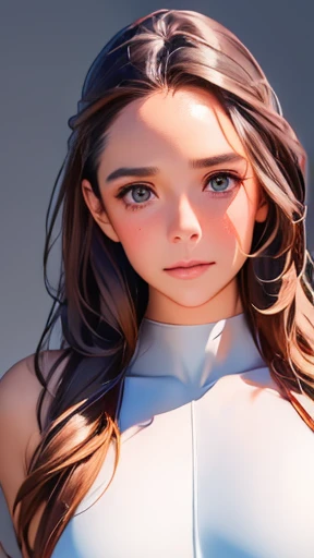 highest quality、realistic、Japanese、girl、zoom、look up、cute、gray eyes、long hair、brown hair、all back、Forehead is coming out、white leotard、