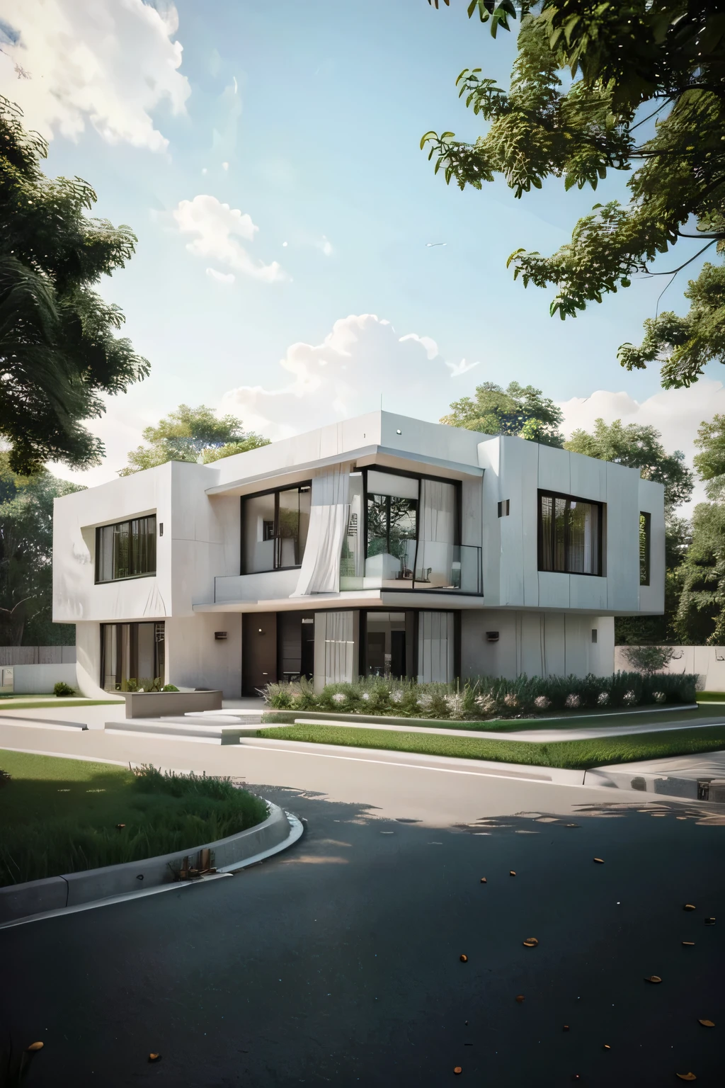 Promt:masterpiece, (photorealistic:1.2), best quality, ultra high res, exterior,architechture,modern house,white wall, glass windows,,trees,traffic road,design,trees around, blue sky,in the style of realistic hyper-detailed rendering, 32k uhd, low-angle, composite construction, piles/stacks, innovative page design, daylight,render( Vray:1.1)
