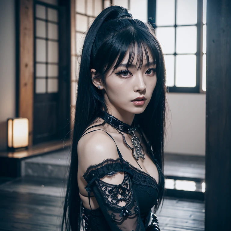 1 woman, Japanese woman, female, Asian eyes, 30 years old, pretty face, Gothic-streampunk style, pose dancing, shoes boots, ultra detailed face, hyperrealistic, realistic representation, wearing a long black dress