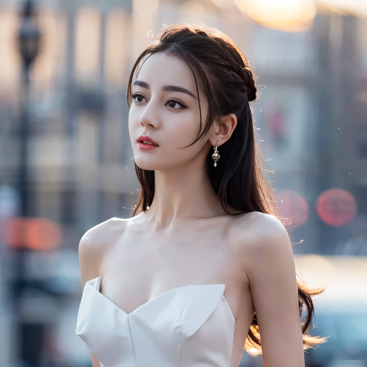 ((top quality、8K、Masterpiece:1.3))、Extremely delicate and beautiful girl,full-body shot,huge breasts,bigger breasts,amazing breast size,G cup,Sunset,Sunset,white snow。Wear big earrings,The skin is very white,moist red lips,Waist is very thin,Thighs are very thin,big ass,Reveal a little,fair and smooth skin,Smooth and fair skin,flawless skin,Fair and shiny skin,cold white skin,The camera focuses on the chest,bright light,White tube top dress,bare shoulders,white hair,The hair is gray,Bare back