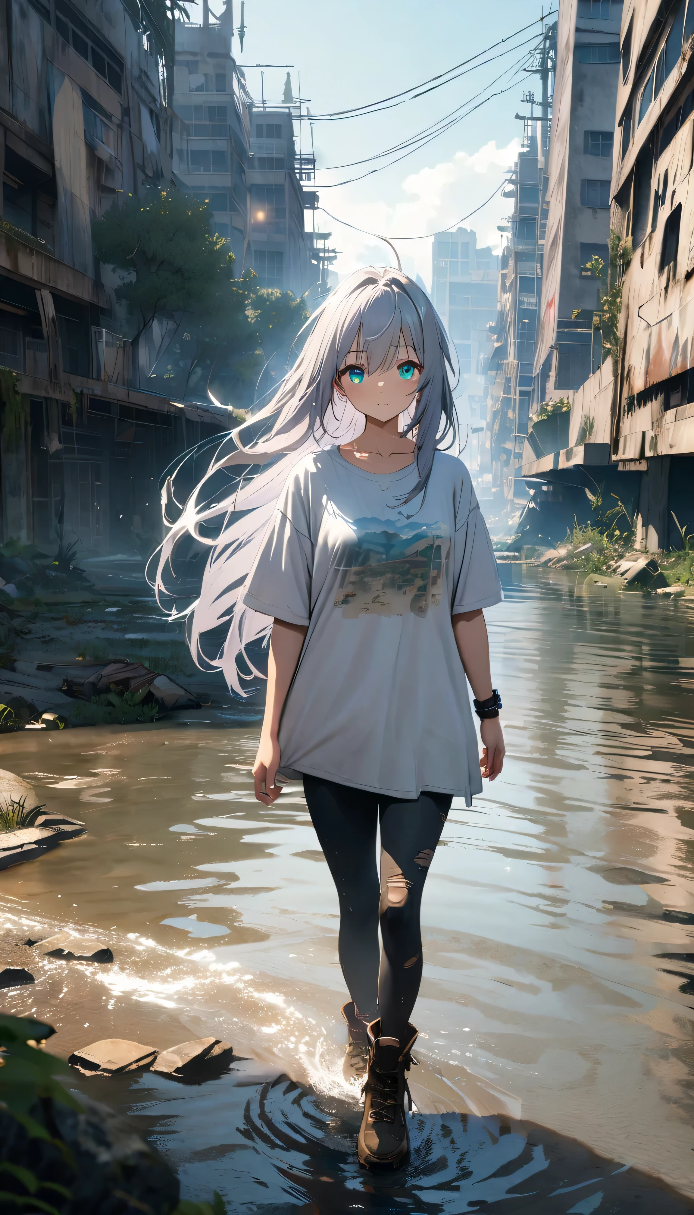 ((Masterpiece. 4K. Extremely detailed cg. Full HD. Super detailed. Best quality. Girl looking viewer. Pretty face girl. anime girl walking on water, beautiful girl. Long hair. Silver hair. Beautiful Aqua eyes. White T - shirt oversized.)) beautiful anime scene, post apocalypse  city. overgrowth, walking on top of a tiny city, beautiful anime scenery, post apocalyptic, octane render, hd anime cityscape