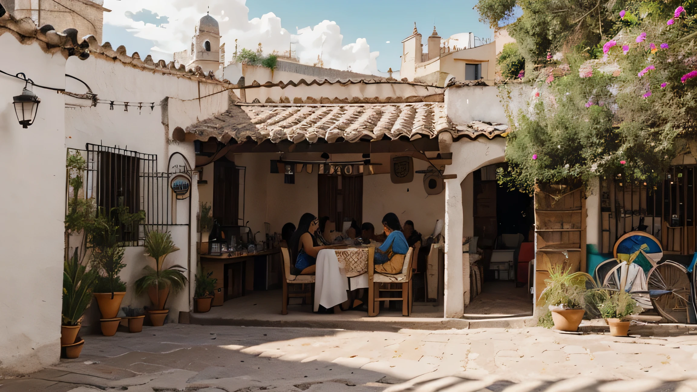((encantador pueblo magico mexicano)),Con calles adoquinadas, en una hermosa tarde de verano,Las ventanas de la casa se llenan de hermosas flores., fuente, comedor, bread shops and church with gentehermosa de figura perfecta, gente feliz de proporciones perfectas, Mesas y sillas en la calle.gran profundidad de campo