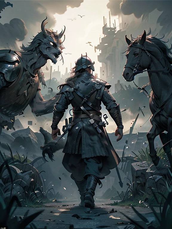  Cartoon style pictures ，(Europe)，man,midnight，Overall black tone， Characters take up one fifth，Create dystopian masterpieces, Game of Thrones movie scenes, The whole character is dressed in Game of Thrones style, Rugged full body metal armor， The background is the medieval manor farmland，river，torch，horse，monster，A group of farmers，field，farming，(helmet，Face covering，In the shadows，Faceless，健壮的man, strong, shabby),dynamic poses， ((Turn your back to the camera，look into the distance，not looking at camera)), Holding prey in hand，Photos taken from a distance, 