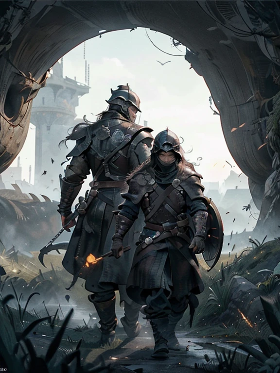 Cartoon style pictures ,(Europe),man,midnight,Overall black tone, Characters take up one fifth,Create dystopian masterpieces, Game of Thrones movie scenes, The whole character is dressed in Game of Thrones style, Rugged full body metal armor, The background is the medieval manor farmland,river,torch,horse,monster,A group of farmers,field,farming,(helmet,Face covering,In the shadows,Faceless,健壮的man, strong, shabby),dynamic poses, ((Turn your back to the camera,look into the distance,not looking at camera)), Holding prey in hand,Photos taken from a distance,