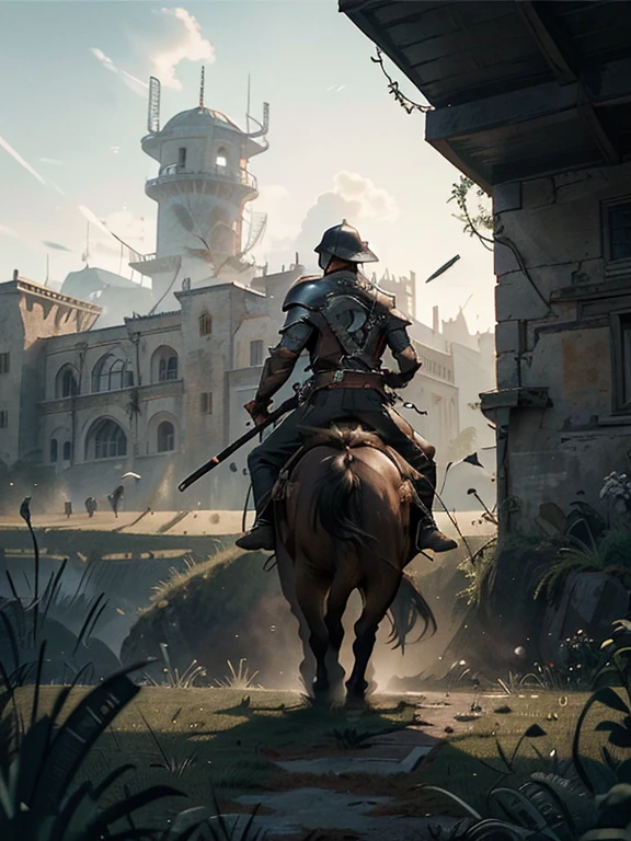 Cartoon style pictures ,(Europe),man,midnight,Overall black tone, Characters take up one fifth,Create dystopian masterpieces, Game of Thrones movie scenes, The whole character is dressed in Game of Thrones style, Rugged full body metal armor, The background is the medieval manor farmland,river,torch,horse,monster,A group of farmers,field,farming,(helmet,Face covering,In the shadows,Faceless,健壮的man, strong, shabby),dynamic poses, ((Turn your back to the camera,look into the distance,not looking at camera)), Holding prey in hand,Photos taken from a distance,