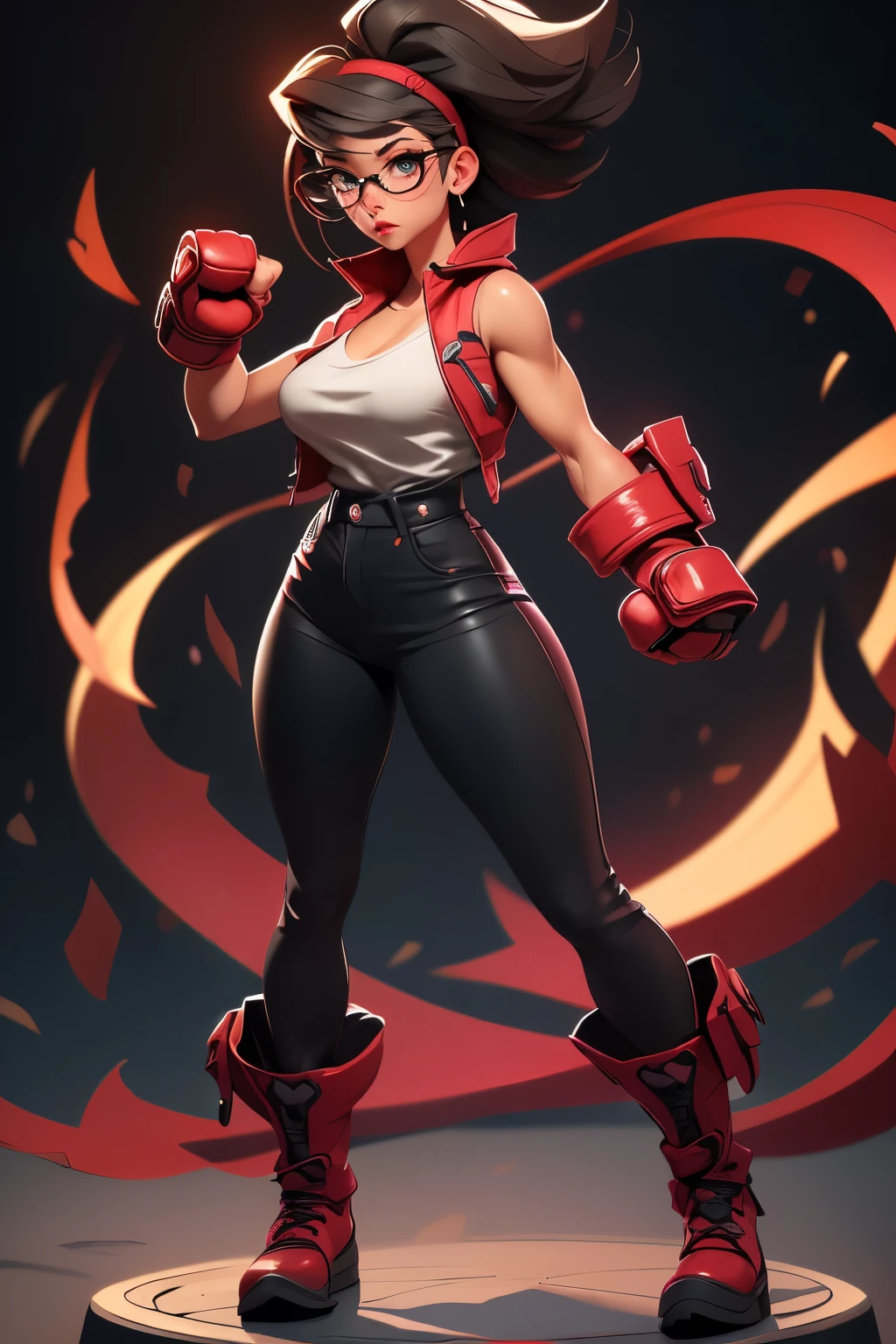 Wide angle shot, full body image, beautiful female street fighter, wearing large glasses, black undercut hair, wearing large steel knuckles