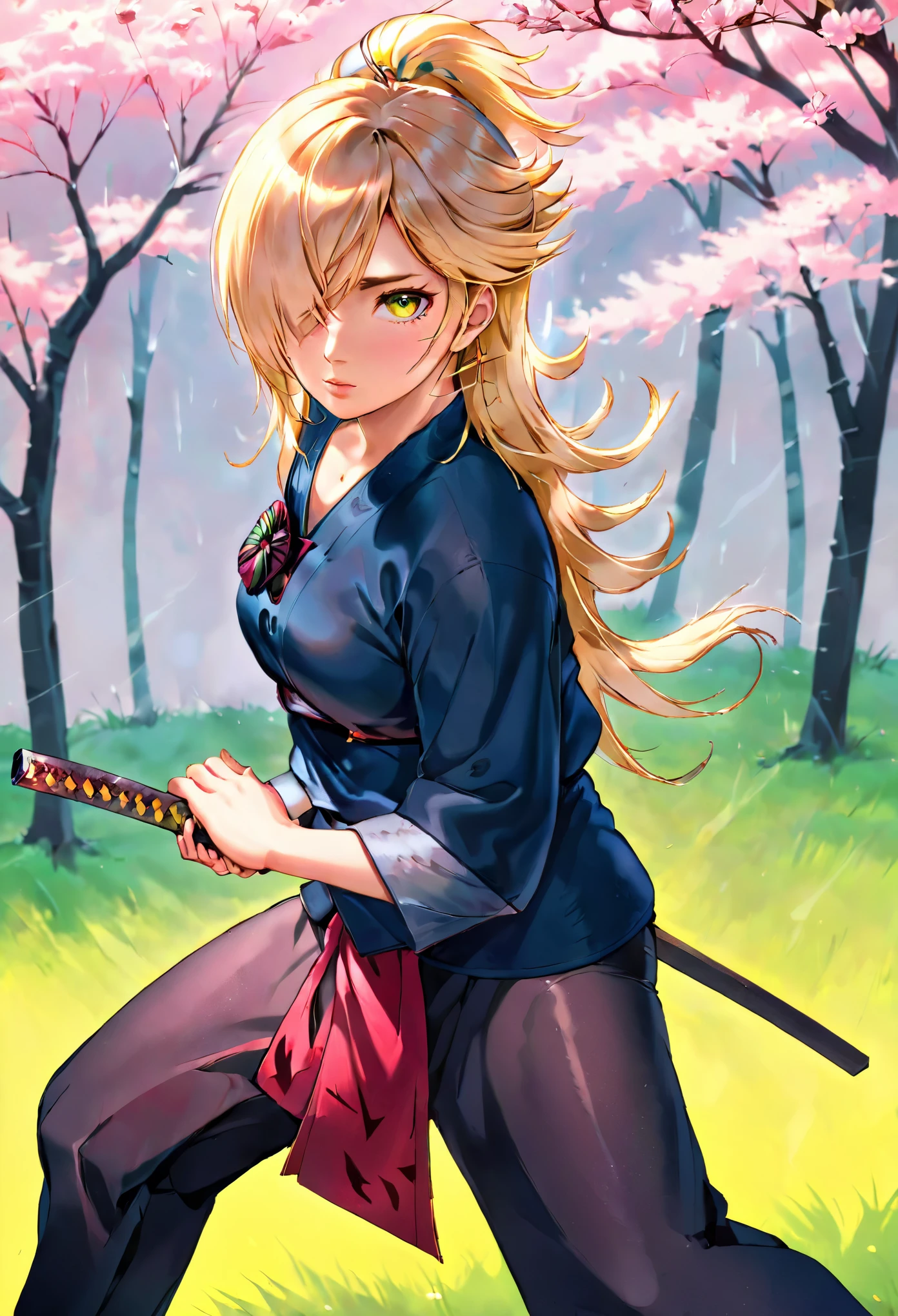 (best quality,ultra-detailed,realistic:1.37),studio lighting,sharp focus,katana warrior,blonde hair,kunoichi outfit,confident expression,dynamic pose,peaceful garden,serene background,traditional Japanese art style,vivid colors,subtle lighting,gentle breeze,hint of cherry blossoms,subtle fog,sublime atmosphere,dramatic composition,eye-catching contrast,masterpiece:1.2