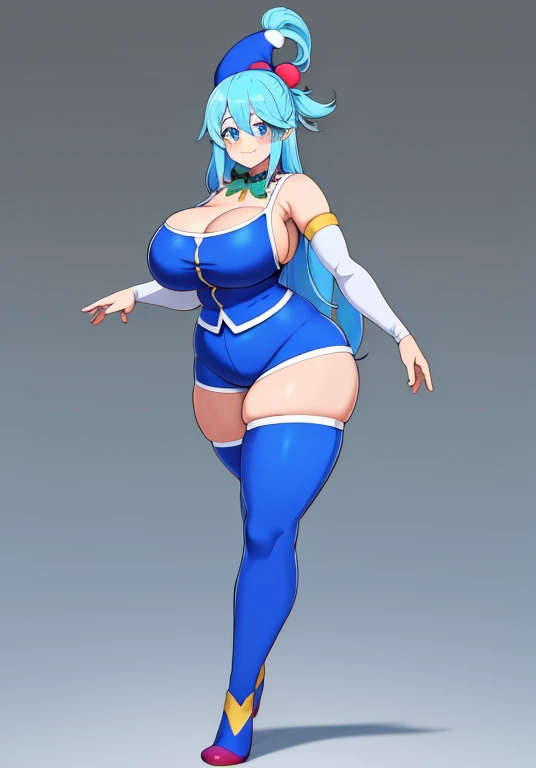 aqua \(konosuba\), mksks style, (very detailed background:1.0), (highly detailed background:1.0), {Masterpiece}, High Quality, 1girl, blue eyes, blue footwear, blue hair, blush, breasts, hair ornament, hair rings, leg up, long hair, looking at viewer, huge ass, huge breasts, huge thighs, narrow waist, wide hips, thick thighs, curvy, open hand, single hair ring, s, smile, solo, standing, standing on one leg, cleavage, face paint, clown outfit, colorful outfit, skintight outfit, jester hat, pointy shoes, very long hair, kono subarashii sekai ni shukufuku wo!,