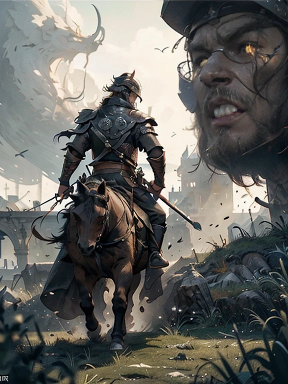 Cartoon style pictures ,(Europe),man,midnight,Overall black tone, Characters take up one fifth,Create dystopian masterpieces, Game of Thrones movie scenes, The whole character is dressed in Game of Thrones style, Rugged full body metal armor, The background is the medieval manor farmland,river,torch,horse,monster,A group of farmers,field,farming,(helmet,Face covering,In the shadows,Faceless,健壮的man, strong, shabby),dynamic poses, ((Turn your back to the camera,look into the distance,not looking at camera)), Holding prey in hand,Photos taken from a distance,