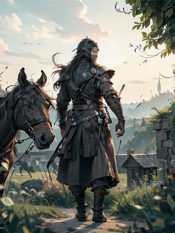 Cartoon style pictures ,(Europe),man,midnight,Overall black tone, Characters take up one fifth,Create dystopian masterpieces, Game of Thrones movie scenes, The whole character is dressed in Game of Thrones style, Rugged full body metal armor, The background is the medieval manor farmland,river,torch,horse,monster,A group of farmers,field,farming,(helmet,Face covering,In the shadows,Faceless,健壮的man, strong, shabby),dynamic poses, ((Turn your back to the camera,look into the distance,not looking at camera)), Holding prey in hand,Photos taken from a distance,