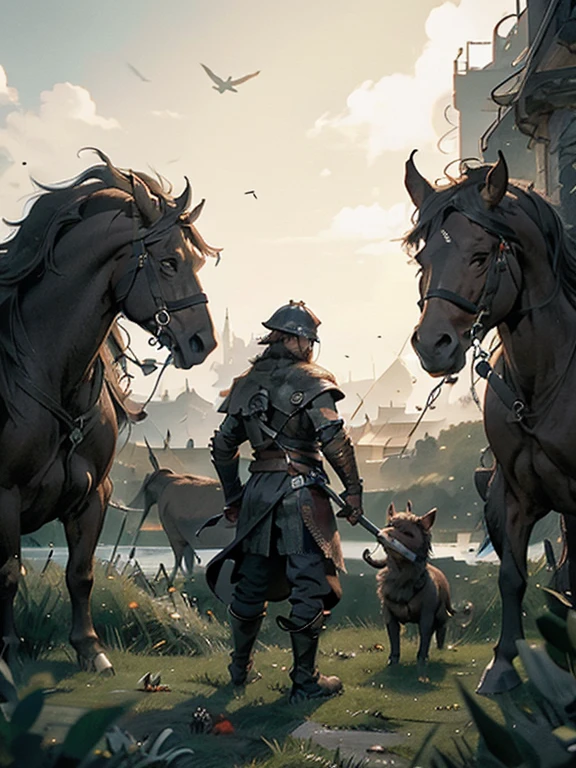  Cartoon style pictures ，(Europe)，man,midnight，Overall black tone， Characters take up one fifth，Create dystopian masterpieces, Game of Thrones movie scenes, The whole character is dressed in Game of Thrones style, Rugged full body metal armor， The background is the medieval manor farmland，river，torch，horse，monster，A group of farmers，field，farming，(helmet，Face covering，In the shadows，Faceless，健壮的man, strong, shabby),dynamic poses， ((Turn your back to the camera，look into the distance，not looking at camera)), Holding prey in hand，Photos taken from a distance, 