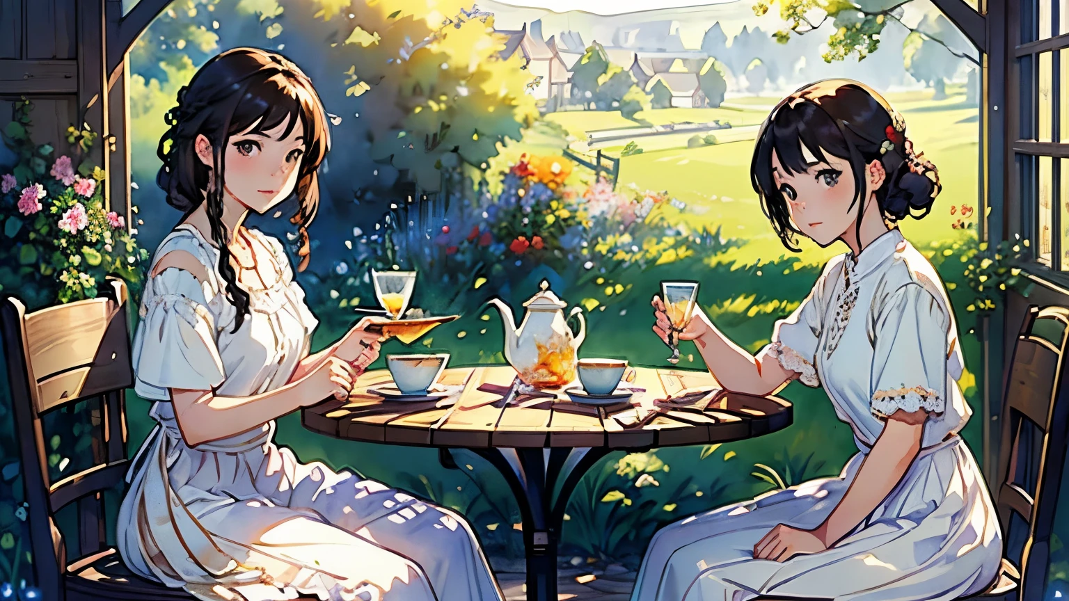 (highest quality、masterpiece、High resolution)、(Sargent style watercolor)、(anime art)、soft light、Views of the Cotswolds、old farmhouse、flowers bloom、(4 women)、medium short hair、dark brown hair、braided hair、White blouse and long skirt、picnic、table、Tea set、drink tea、cinematic light、soft sunlight、blur the background、