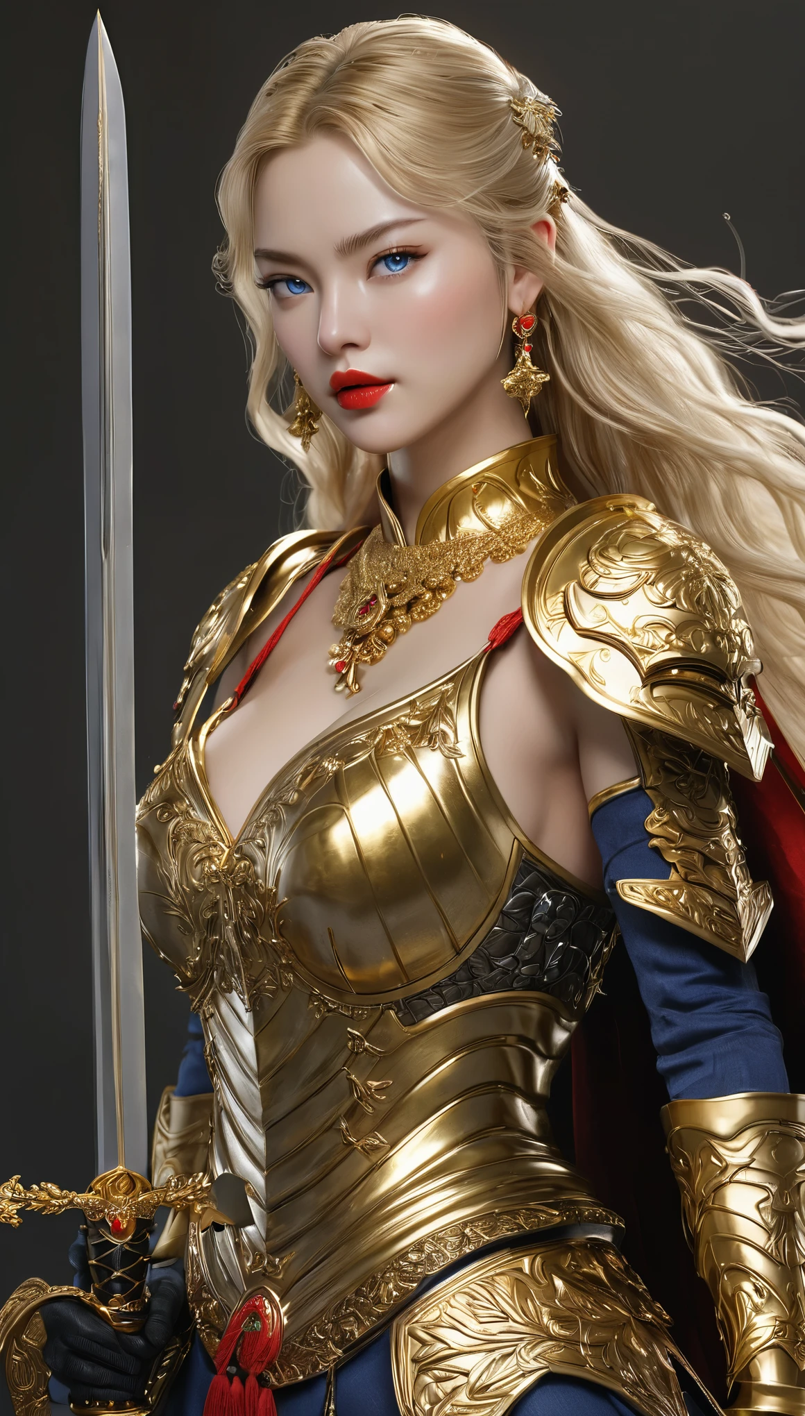 masterpiece,highest quality,higher rank,(womanの変態_woman:1),(naked:1.3), (35歳のWoman warrior:1.3),、big and full breasts big breasts,big breasts ,hyper real,中世ヨーロッパの都市のbattlefieldにいる,No expression,、イギリス人woman、Delicate skin texture to the smallest detail、detailed blue eyes (very big big big)、中年woman、(Fluffy long blonde hair)、Wheat tanned skin、very big big big、Woman warrior、big breastsの谷間、richly decorated gold armor、Long gold boots with fancy decorations、Solid gold and jewelry necklaces and collars、Large gold earrings、bright red lips、wears luxurious gold armor、Golden Long Globe、she has a big and long sword、The sword is decorated with flashy decorations........................、The blade of the sword is jet black、(Woman warrior)、(battlefield)、